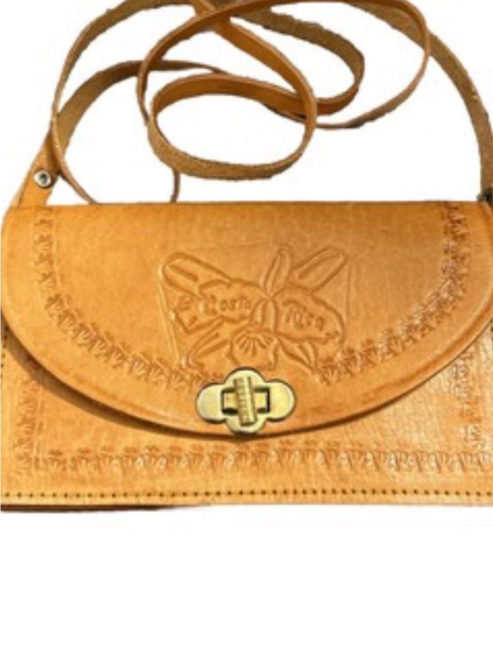 Hand-Tooled Tan Leather Crossbody Bag